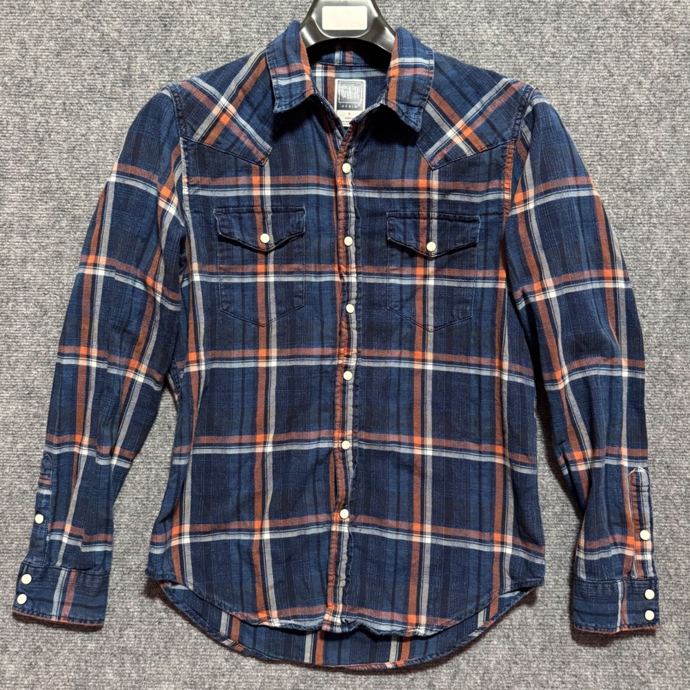 GAP Western Shirt‎ Mens Small Denim Pearl Snap Slim Fit Plaid Dark Wash